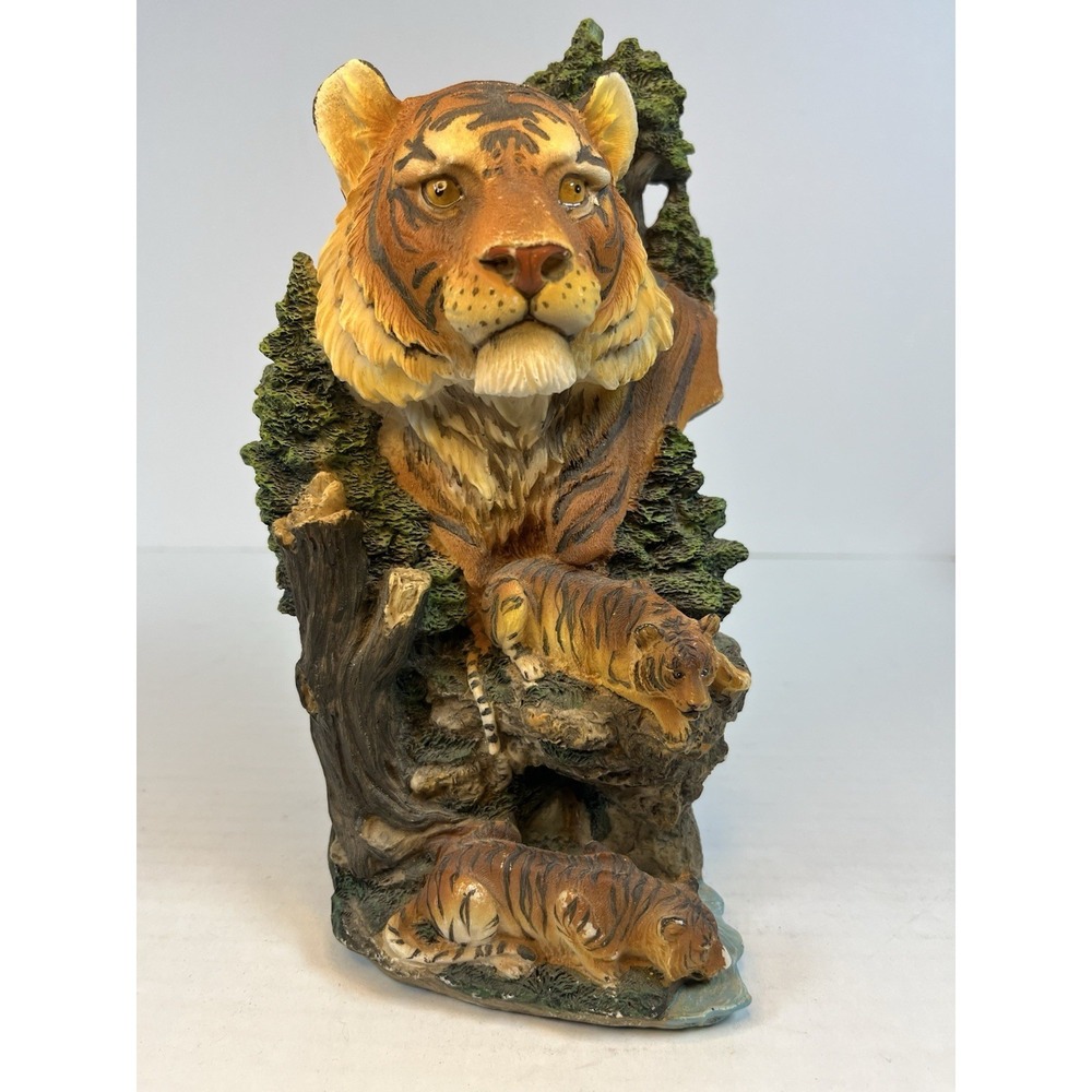 Bengal Tiger and Cubs Bust Sculpture 8.5" Detail Hand Painted Art Jungle